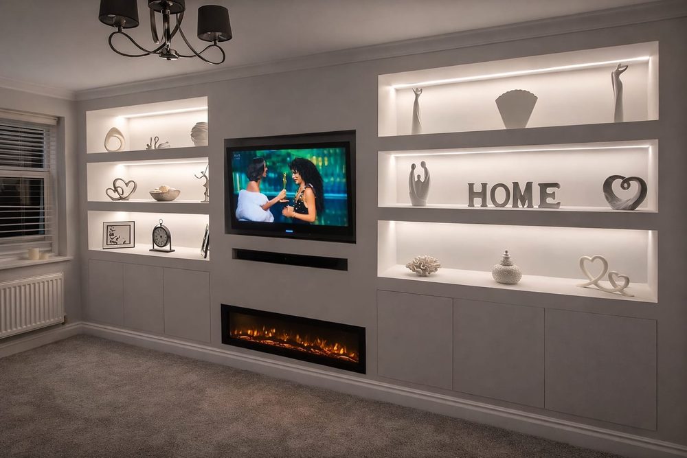 Handcrafted media wall with a recessed television and display shelving