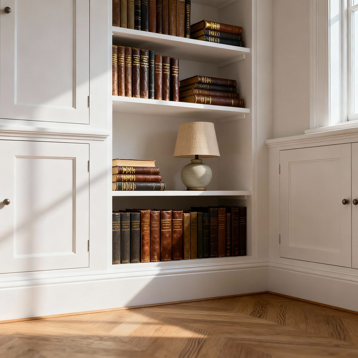 Bespoke storage built into a sloping loft ceiling with low eaves