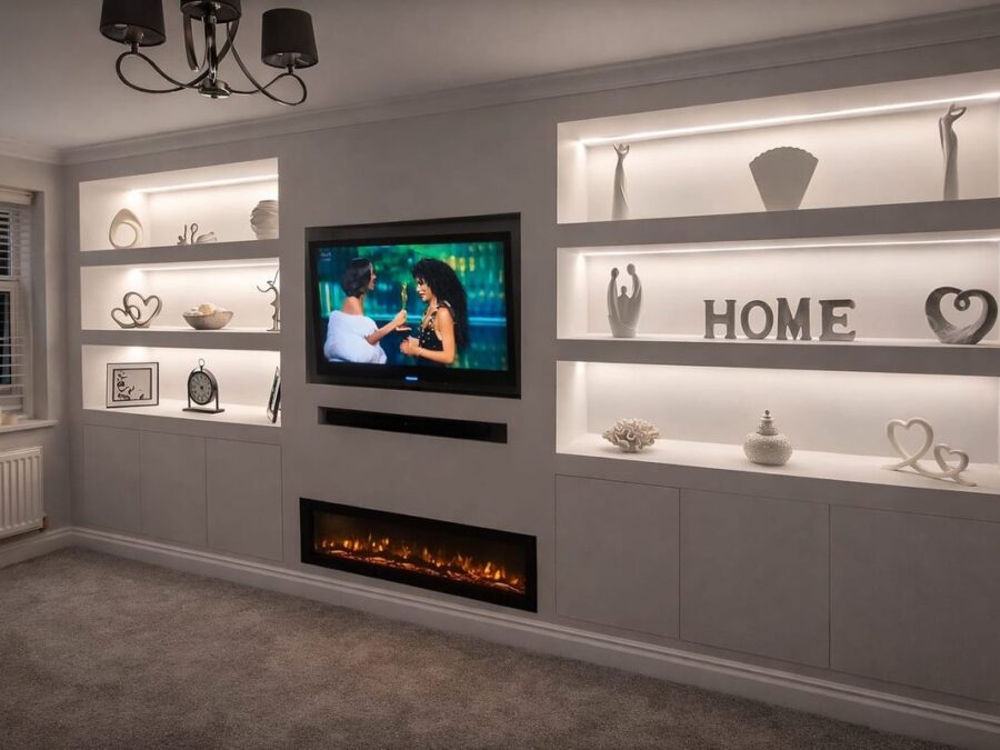 Bespoke media wall with a recessed television and display shelving
